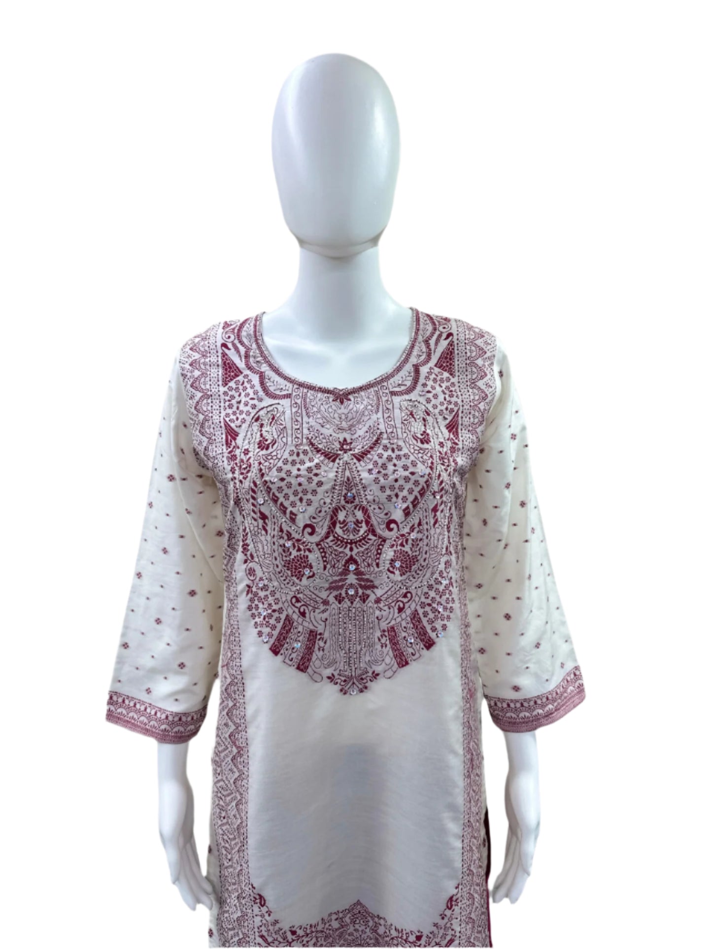 Luxury Silk 3-Piece Set - Straight Top with Jacquard Work & Lining, Straight Pants & Matching Jacquard Dupatta - Elegant Beige & Maroon