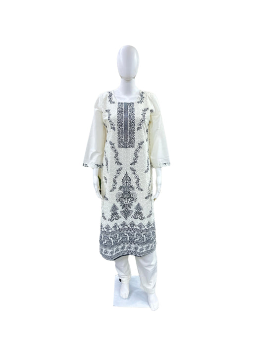 Premium Cotton 3-Piece Set - Floral Digital Print on Schiffli Top with Lining, Straight Pants & Coordinating Digitally Printed Dupatta - Pure White