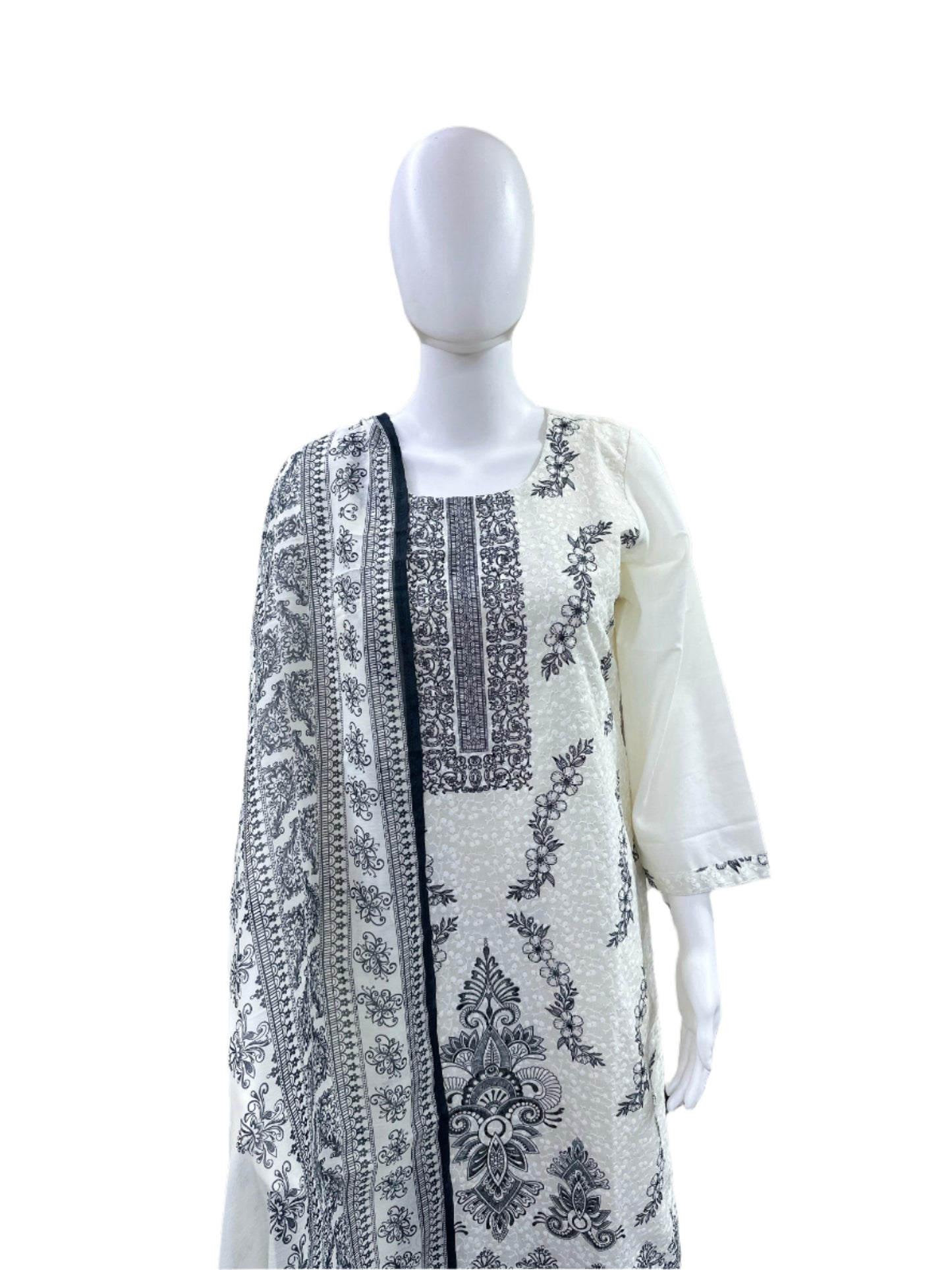 Premium Cotton 3-Piece Set - Floral Digital Print on Schiffli Top with Lining, Straight Pants & Coordinating Digitally Printed Dupatta - Pure White