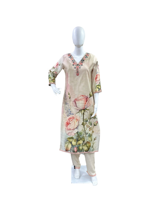 Premium Pure Cotton 3-Piece Set - Floral Printed Top with Embroidered Yoke, Straight Pants & Digitally Printed Dupatta with Lacework - Elegant Beige