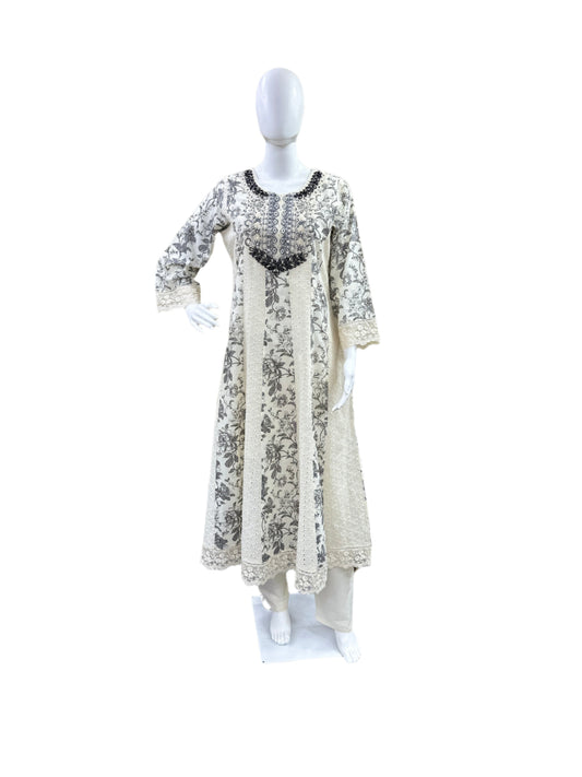 Premium Cotton Schiffli 3-Piece Floral Anarkali Set - Heavy Embroidered Yoke with Lace Details on Sleeves & Hemline, Full Lining - Elegant Beige