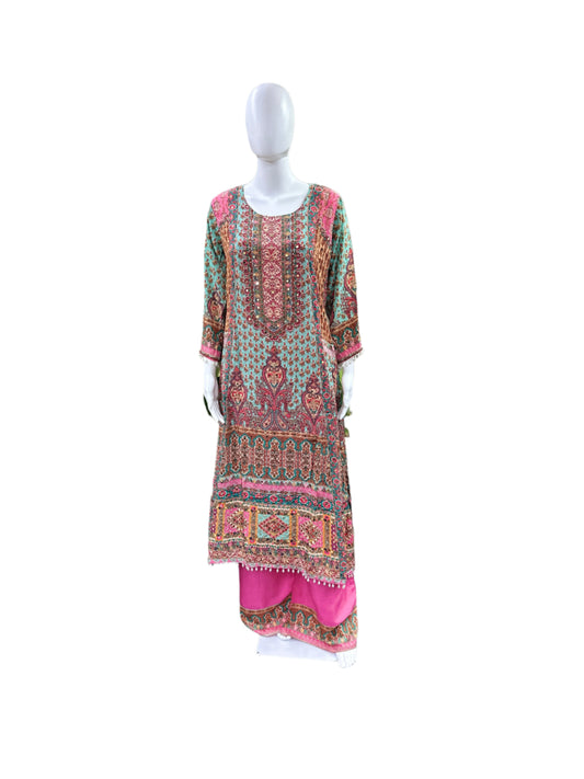 Premium Pure Crepe 3-Piece Set - A-Line Kurta with Mirror Work & Tassels, Cotton Lining, Palazzo & Bordered Chiffon Dupatta - Pink & Sky Blue