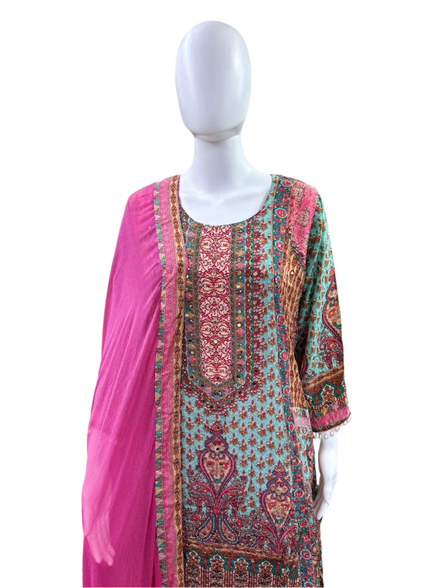 Premium Pure Crepe 3-Piece Set - A-Line Kurta with Mirror Work & Tassels, Cotton Lining, Palazzo & Bordered Chiffon Dupatta - Pink & Sky Blue