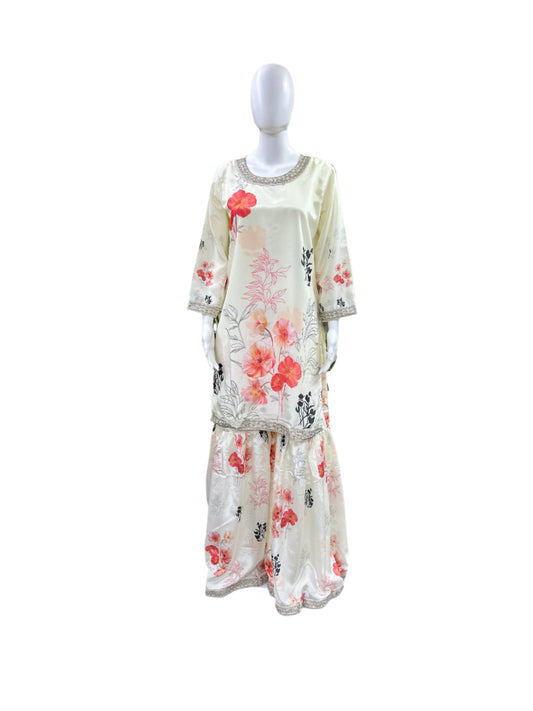 Premium Chiffon 3-Piece Gharara Set - Floral Digital Printed Top with Embroidery & Lining, Matching Gharara & Lace-Bordered Dupatta