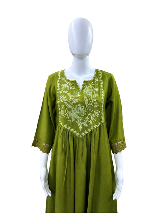 Premium Muslin 3-Piece Set - Umbrella Kurta with Heavy Yoke Thread Embroidery & Mul Lining, Straight Pants & Printed Dupatta - Mehndi Green