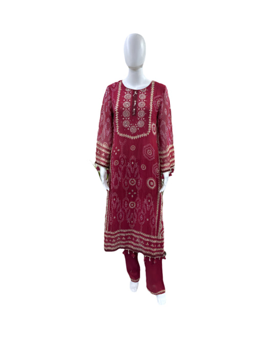 Premium Georgette 3-Piece Set - Straight Top with Mul Lining & Handwork, Muslin Loose Pants & Bordered Chiffon Dupatta - Rich Maroon