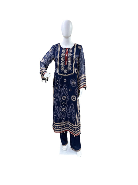 Premium Georgette 3-Piece Set - Straight Top with Mul Lining & Handwork, Muslin Loose Pants & Bordered Chiffon Dupatta - Navy Blue