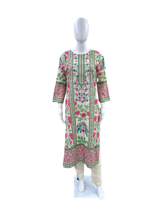 Premium Cotton 3-Piece Set - Straight Floral Printed Top with Hand Embroidered Yoke, Straight Pants & Matching Printed Dupatta - Elegant Floral Beige