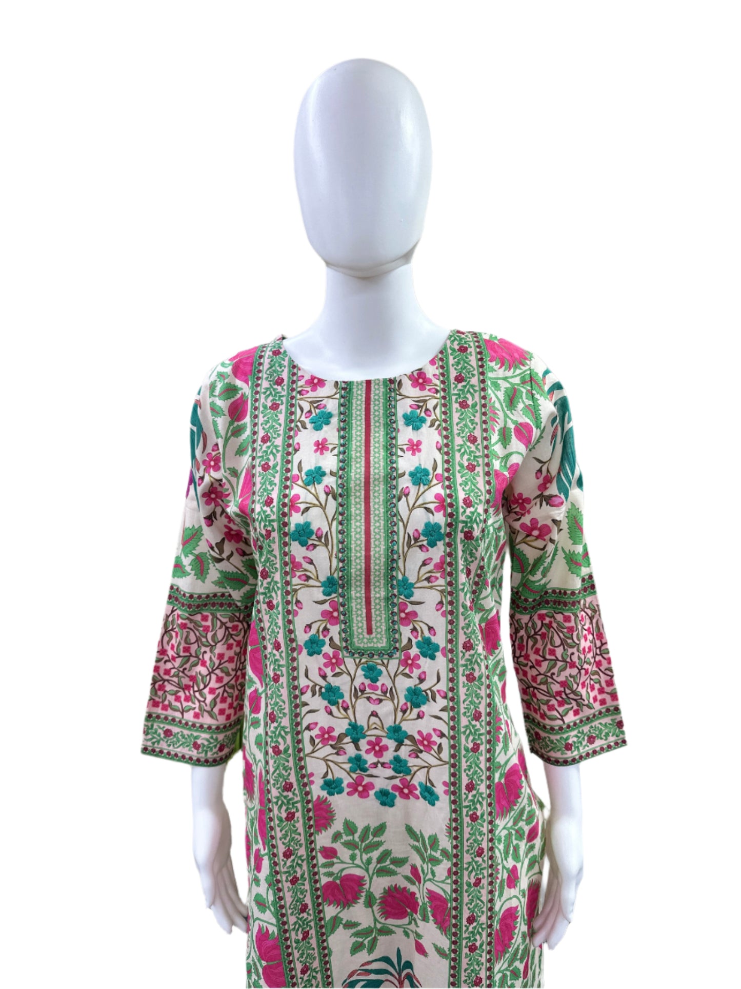 Premium Cotton 3-Piece Set - Straight Floral Printed Top with Hand Embroidered Yoke, Straight Pants & Matching Printed Dupatta - Elegant Floral Beige