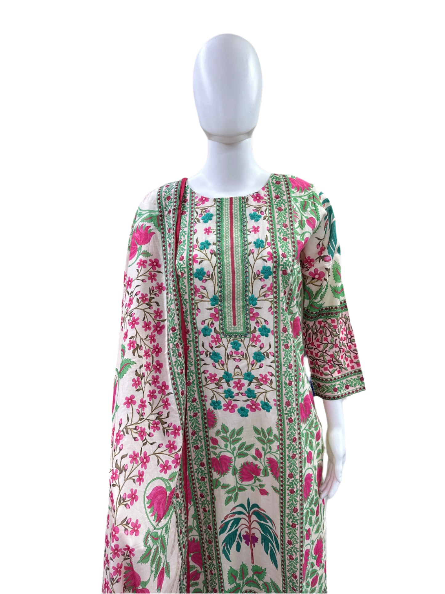 Premium Cotton 3-Piece Set - Straight Floral Printed Top with Hand Embroidered Yoke, Straight Pants & Matching Printed Dupatta - Elegant Floral Beige