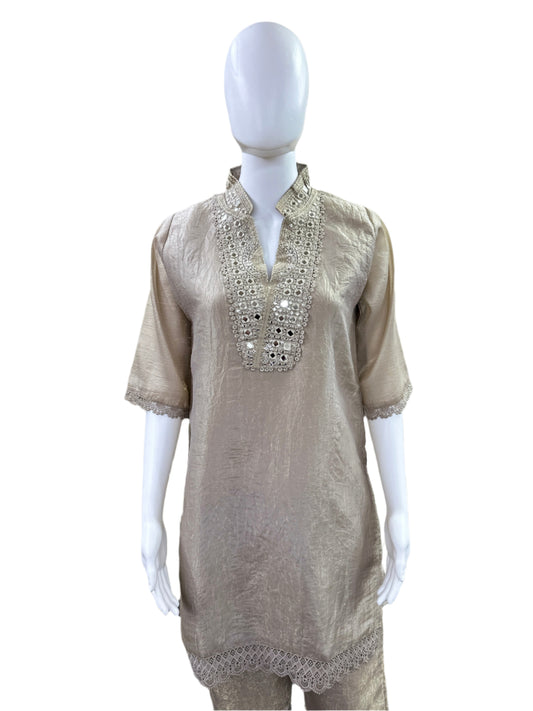 Luxury Tissue Silk 2-Piece Set - Straight Top with Mirror Work Yoke & Lace Detailing on Hemline & Sleeves, Straight Pants with Lace - Elegant Light Brown