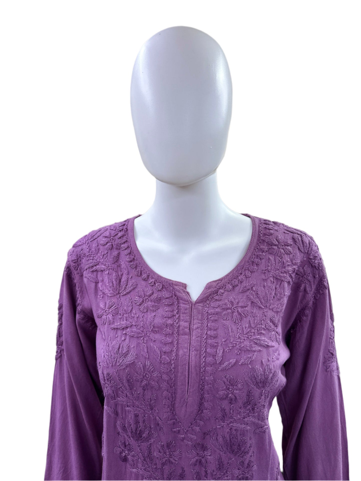 Lavender Rayon Short Kurti (Top Only) - Lucknowi 3D Handwork with Tone to Tone Embroidery - Traditional Chikankari Craftsmanship