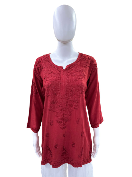 Brick - Premium Rayon Lucknowi 3D Handwork Short Kurti (Top only) - Elegant Tone to Tone Embroidery - Traditional Chikankari Craftsmanship