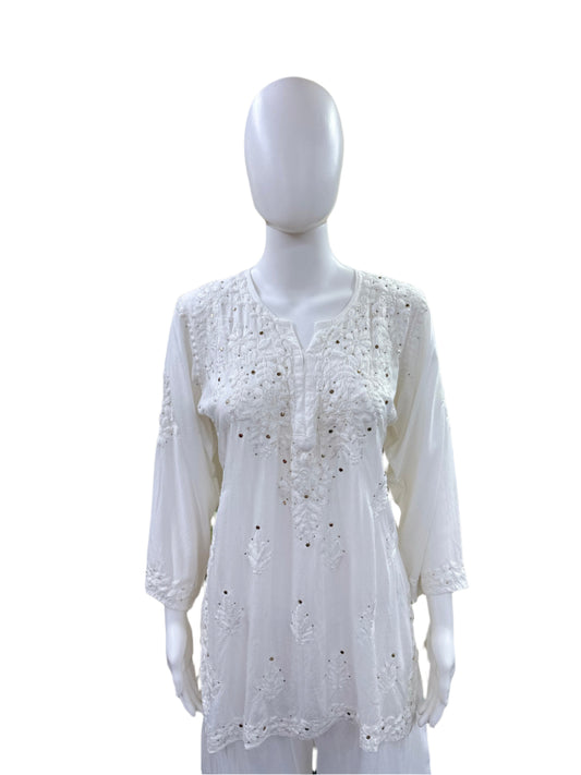 White - Premium Rayon Lucknowi 3D Handwork Short Kurti with Mukesh work (Top Only) - Elegant Tone to Tone Embroidery - Traditional Chikankari Craftsmanship