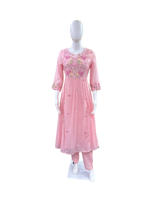 Premium Mul Cotton 3-Piece Set - Umbrella Top with Floral Yoke with Embroidery, Lining, Straight Pants & Lace Dupatta - Baby Pink