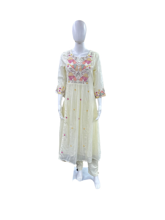 Premium Mul Cotton 3-Piece Set - Umbrella Top with Floral Embroidered Yoke & Lining, Straight Pants & Lace Dupatta - Elegant Off-White