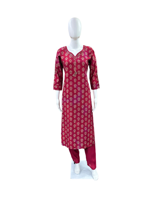 Luxury Chanderi Foil 3-Piece Set - Straight Top with Cutdana Neck Embellishment, Straight Pants & Printed Dupatta with Tassels - Regal Maroon