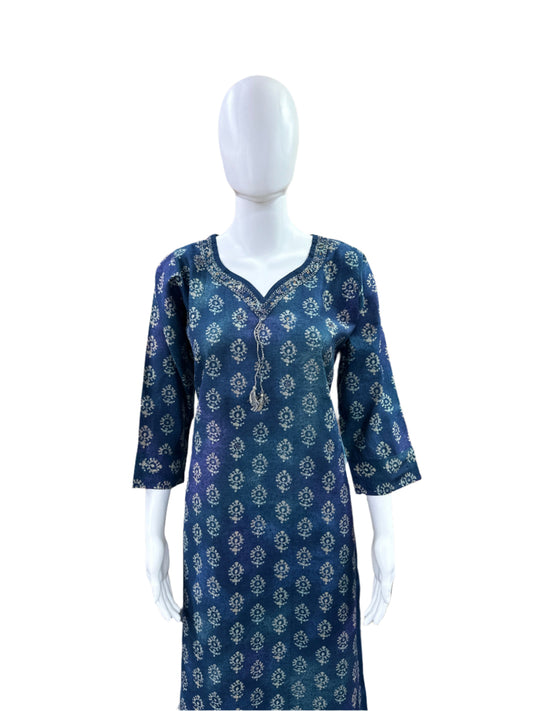 Luxury Chanderi Foil 3-Piece Set - Straight Top with Cutdana Neck Embellishment, Straight Pants & Printed Dupatta with Tassels - Royal Navy Blue