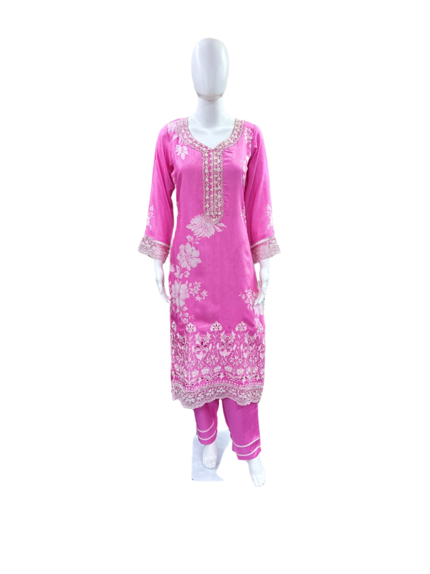 Premium Muslin 3-Piece Set - Floral Top with Embroidered Yoke & Cutwork Hemline with Lace, Straight Pants & Printed Dupatta with Lace Border - Delicate Baby Pink