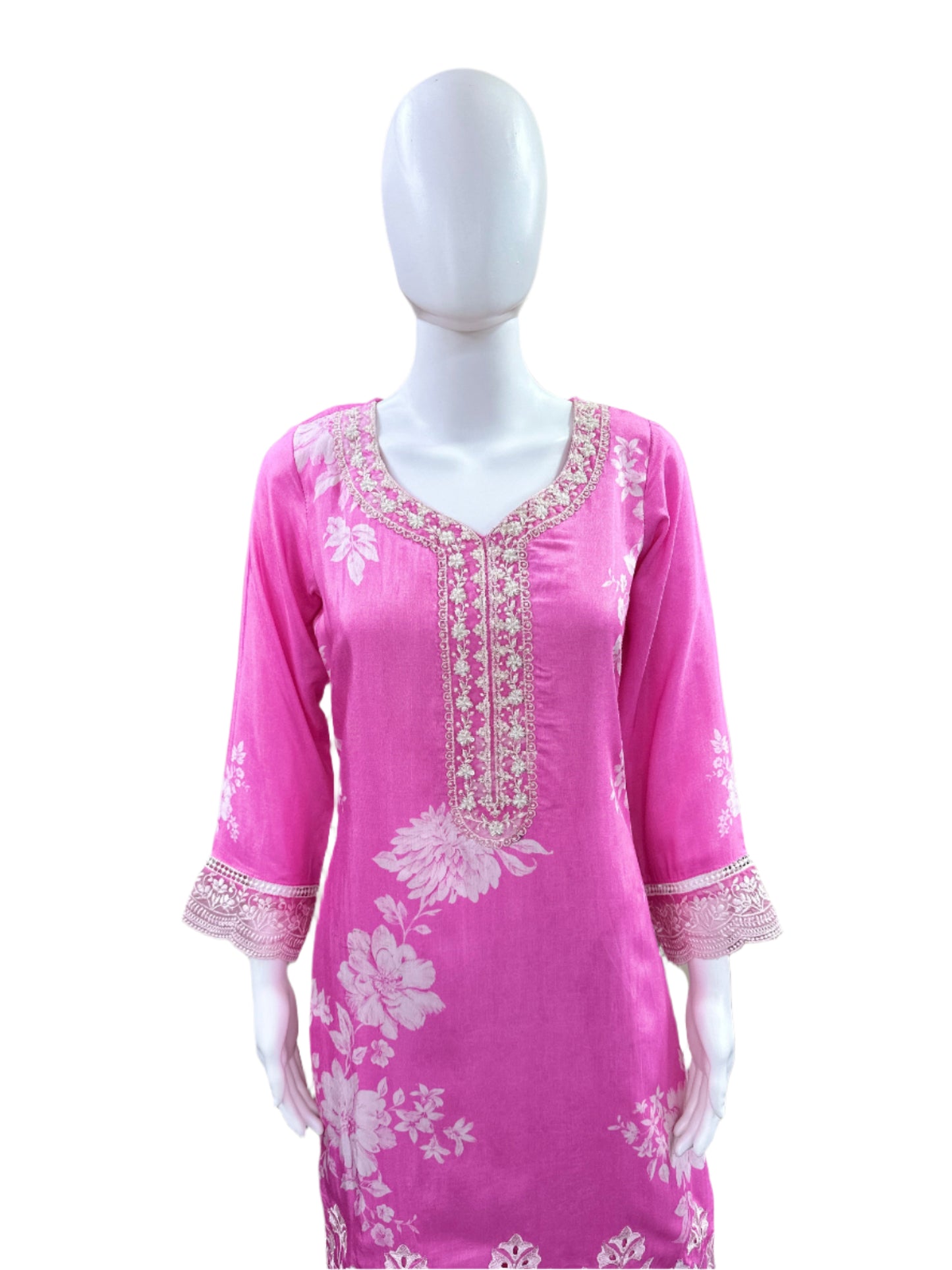 Premium Muslin 3-Piece Set - Floral Top with Embroidered Yoke & Cutwork Hemline with Lace, Straight Pants & Printed Dupatta with Lace Border - Delicate Baby Pink