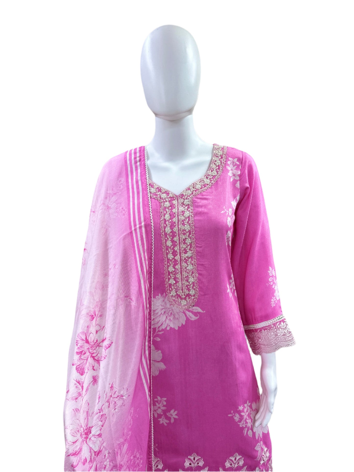 Premium Muslin 3-Piece Set - Floral Top with Embroidered Yoke & Cutwork Hemline with Lace, Straight Pants & Printed Dupatta with Lace Border - Delicate Baby Pink