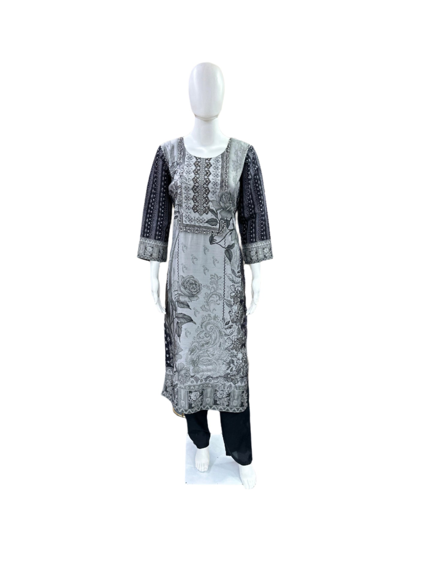 Premium Modal Silk 3-Piece Set - Straight Floral Printed Kurta with Cutdana Work on Yoke, Straight Pants & Printed Dupatta with Tassels - Sophisticated Black & Grey