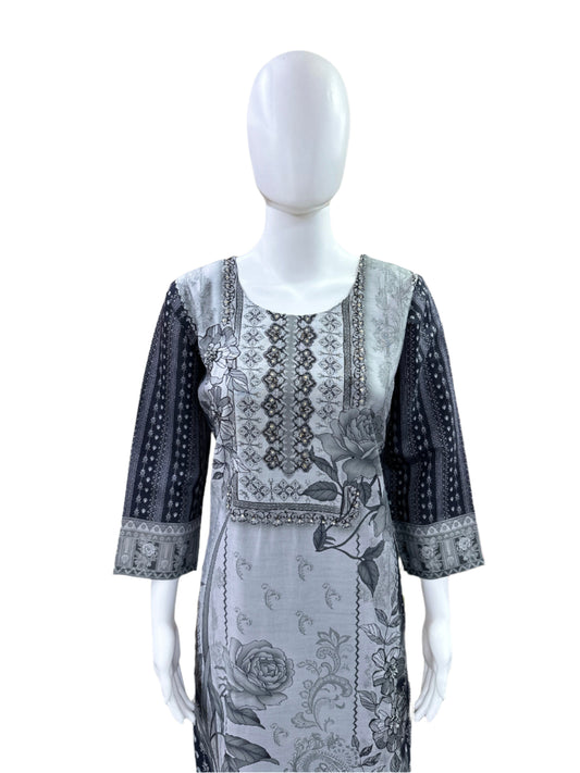 Premium Modal Silk 3-Piece Set - Straight Floral Printed Kurta with Cutdana Work on Yoke, Straight Pants & Printed Dupatta with Tassels - Sophisticated Black & Grey