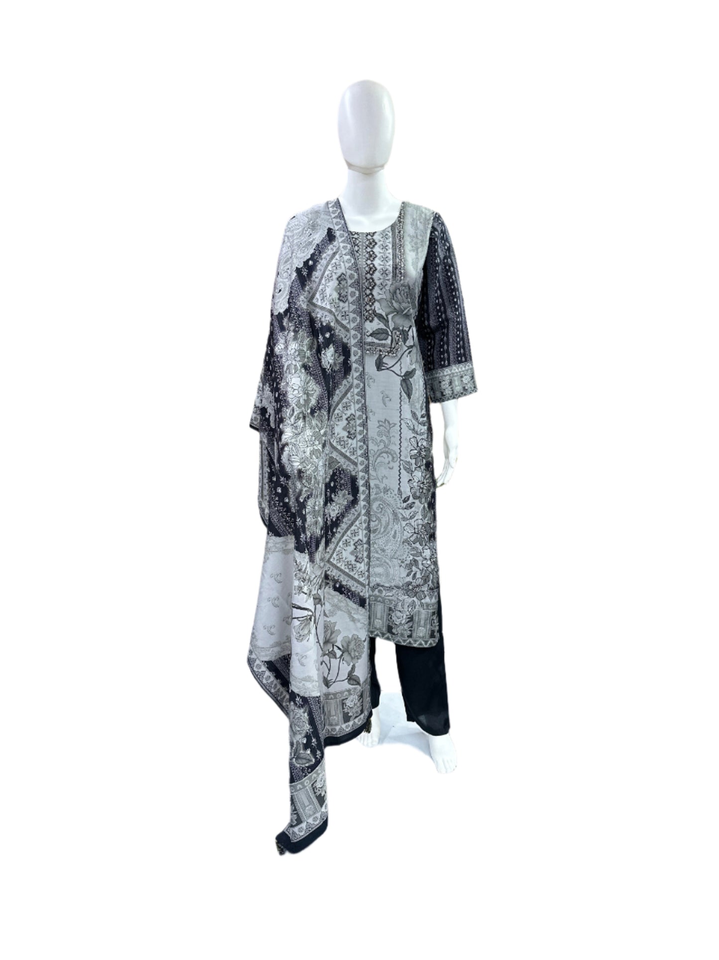 Premium Modal Silk 3-Piece Set - Straight Floral Printed Kurta with Cutdana Work on Yoke, Straight Pants & Printed Dupatta with Tassels - Sophisticated Black & Grey