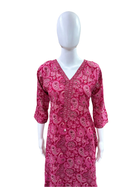 Premium Slub Cotton 3-Piece Set - Straight Top with Cutdana Work on Yoke & Embroidery with Tassels, Straight Pants & Printed Dupatta - Vibrant Magenta Pink