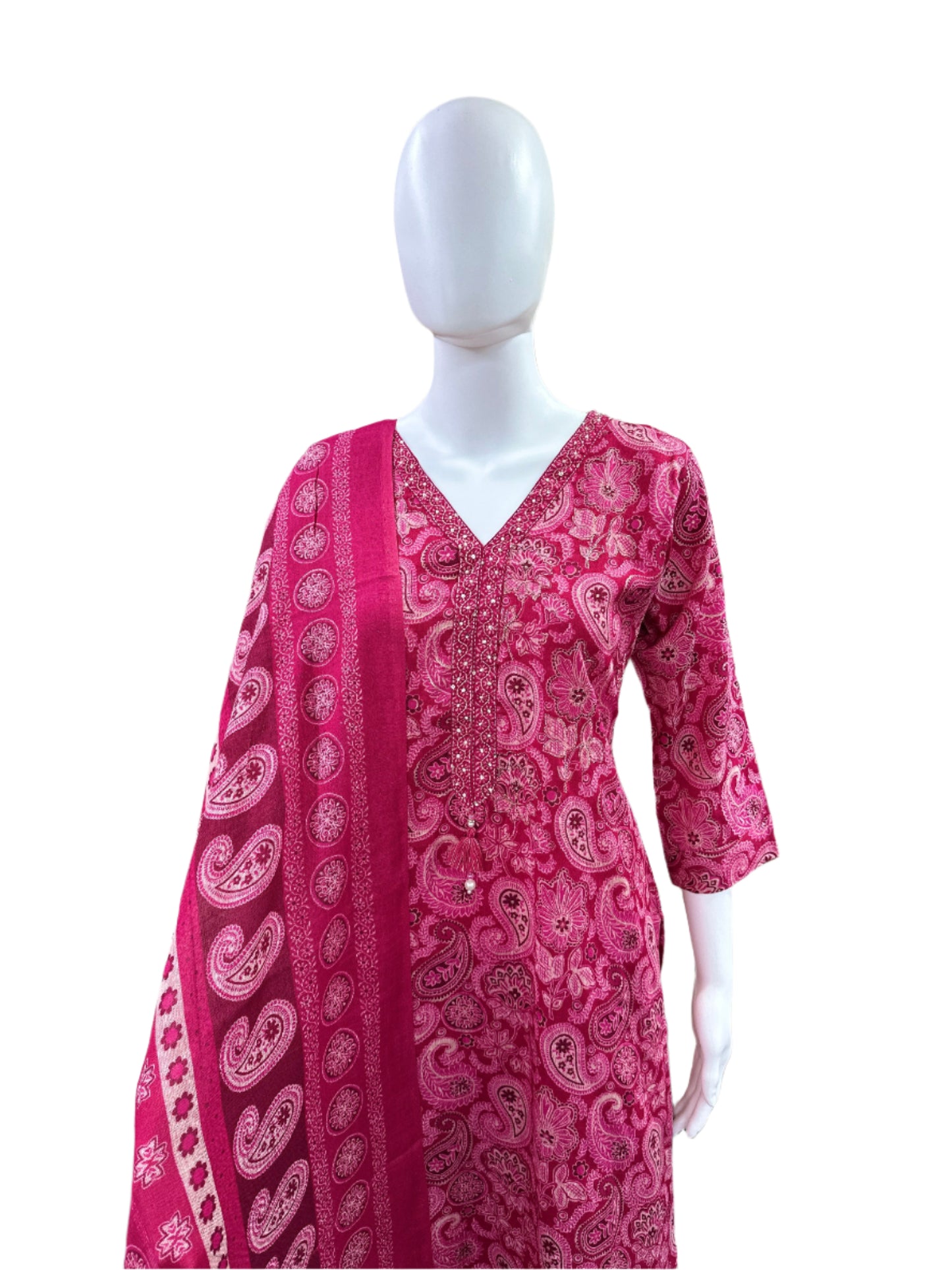 Premium Slub Cotton 3-Piece Set - Straight Top with Cutdana Work on Yoke & Embroidery with Tassels, Straight Pants & Printed Dupatta - Vibrant Magenta Pink