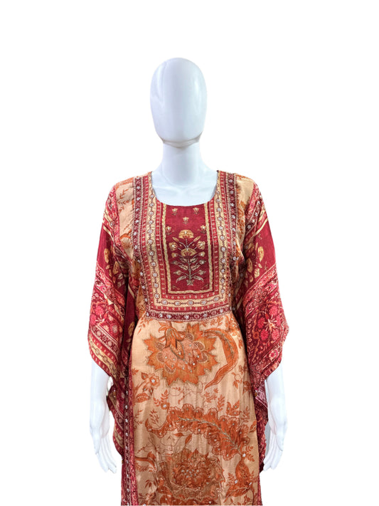 Luxury Pure Crepe 2-Piece Kaftan Set - A-Line Long Floral Printed Kaftan with Half Inner, Cutdana Work & Tassel Borders, Straight Pants - Maroon & Peach