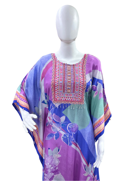 Luxury Pure Crepe 2-Piece Kaftan Set - A-Line Long Printed Kaftan with Half Inner, Cutdana Work & Tassel Borders, Straight Pants - Regal Purple & Blue