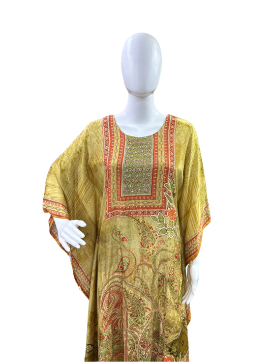 Luxury Pure Crepe 2-Piece Kaftan Set - A-Line Long Floral Printed Kaftan with Half Inner, Cutdana Work & Tassel Borders, Straight Pants - Vibrant Mustard
