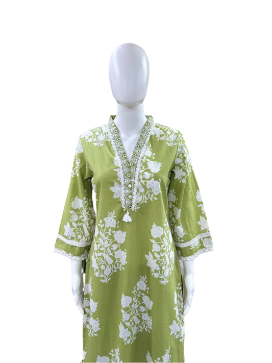 Premium Cotton 3-Piece Set - Floral Collar Neck Top with Lace Detailing on Yoke & Sleeves, Flowing Palazzo Pants & Mul Dupatta - Refreshing Pista Green