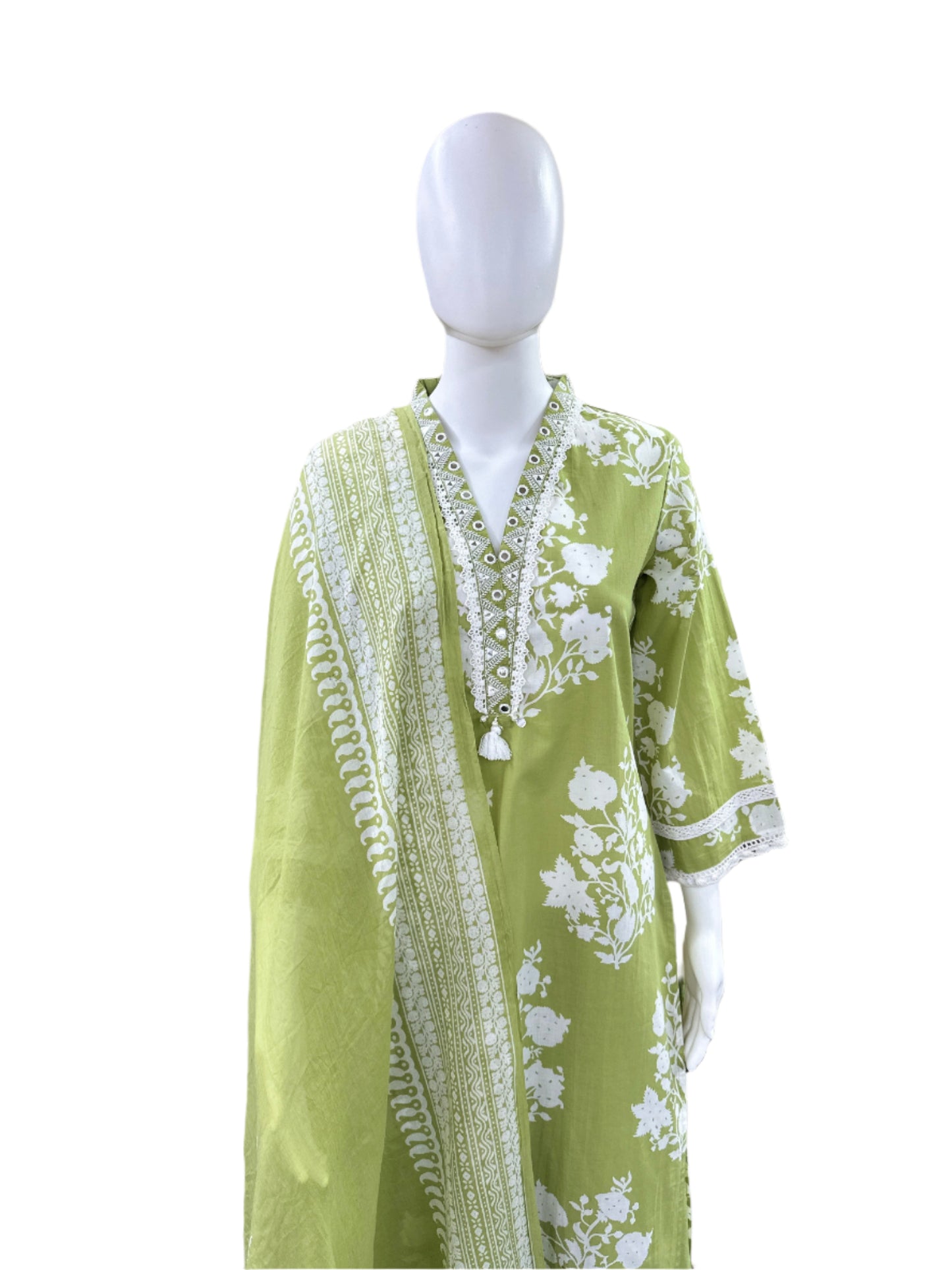 Premium Cotton 3-Piece Set - Floral Collar Neck Top with Lace Detailing on Yoke & Sleeves, Flowing Palazzo Pants & Mul Dupatta - Refreshing Pista Green