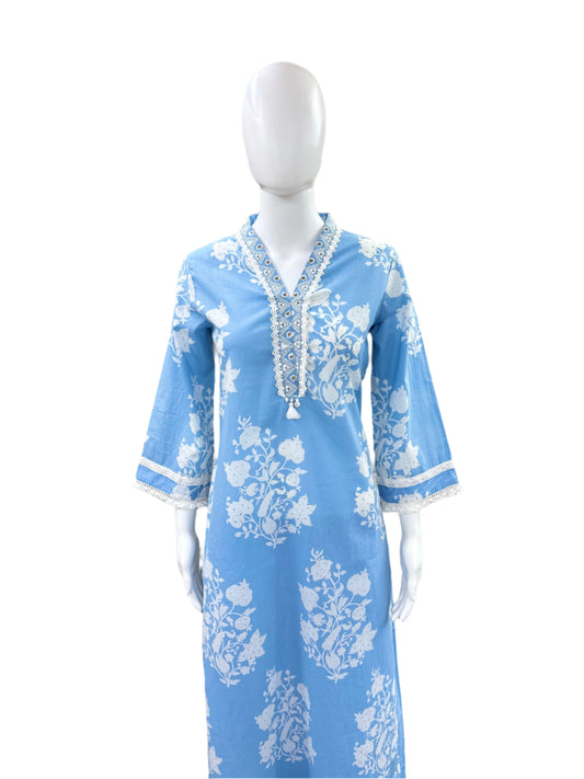 Premium Cotton 3-Piece Set - Floral Collar Neck Top with Lace Detailing on Yoke & Sleeves, Flowing Palazzo Pants & Mul Dupatta - Serene Powder Blue