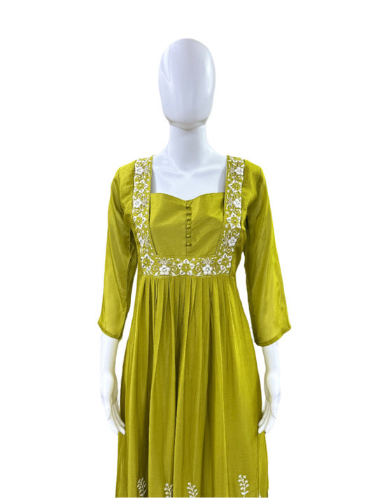 Premium Chiffon 3-Piece Set - Round Floral Top with Embroidered Yoke & Hemline with Lining, Straight Pants & Heavy Embroidered Dupatta - Rich Mehendi Green