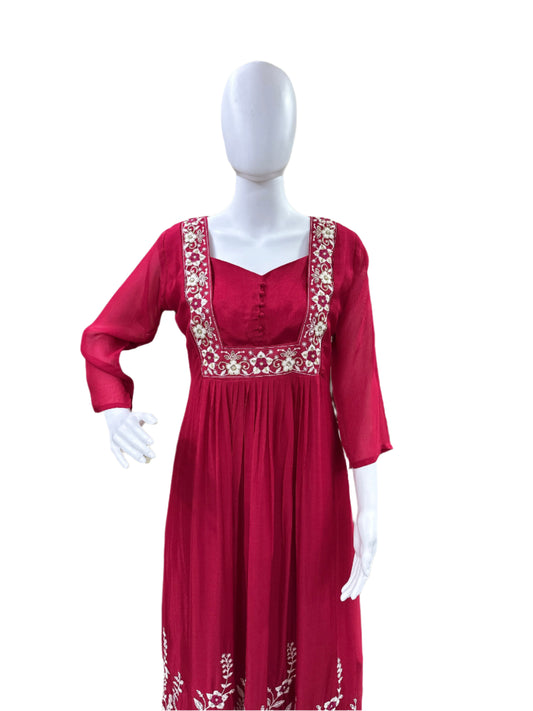 Premium Chiffon 3-Piece Set - Round Floral Top with Embroidered Yoke & Hemline with Lining, Straight Pants & Heavy Embroidered Dupatta - Vibrant Magenta Pink