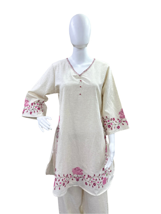 Cotton Flex 2-Piece Co-Ord Set - Top with Floral Embroidery on Sleeves & Hemline, Palazzo Pants with Embroidered Bottom - Elegant Beige & Pink