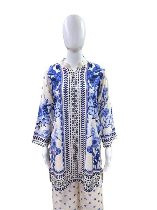 Premium Maslin 2-Piece Co-Ord Set - Floral Printed Top with Coordinating Printed Palazzo Pants - Elegant Beige & Blue
