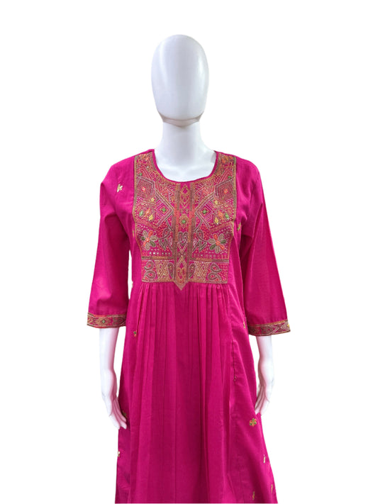 Cotton 3-Piece Set - Round Top with Embroidered Yoke & Sleeves with Lining, Straight Pants & Mul Dupatta with Tassels - Vibrant Pink