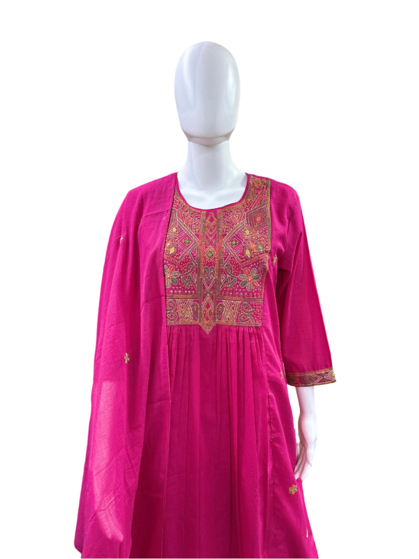 Cotton 3-Piece Set - Round Top with Embroidered Yoke & Sleeves with Lining, Straight Pants & Mul Dupatta with Tassels - Vibrant Pink