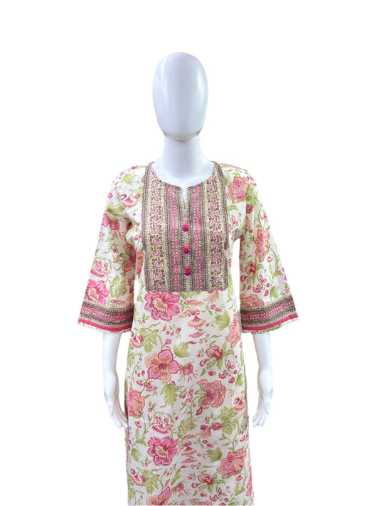 Premium Cotton 3-Piece Set - Floral Straight Top, Floral Palazzo Pants & Crushed Kota Doria Dupatta - Elegant Beige & Pink