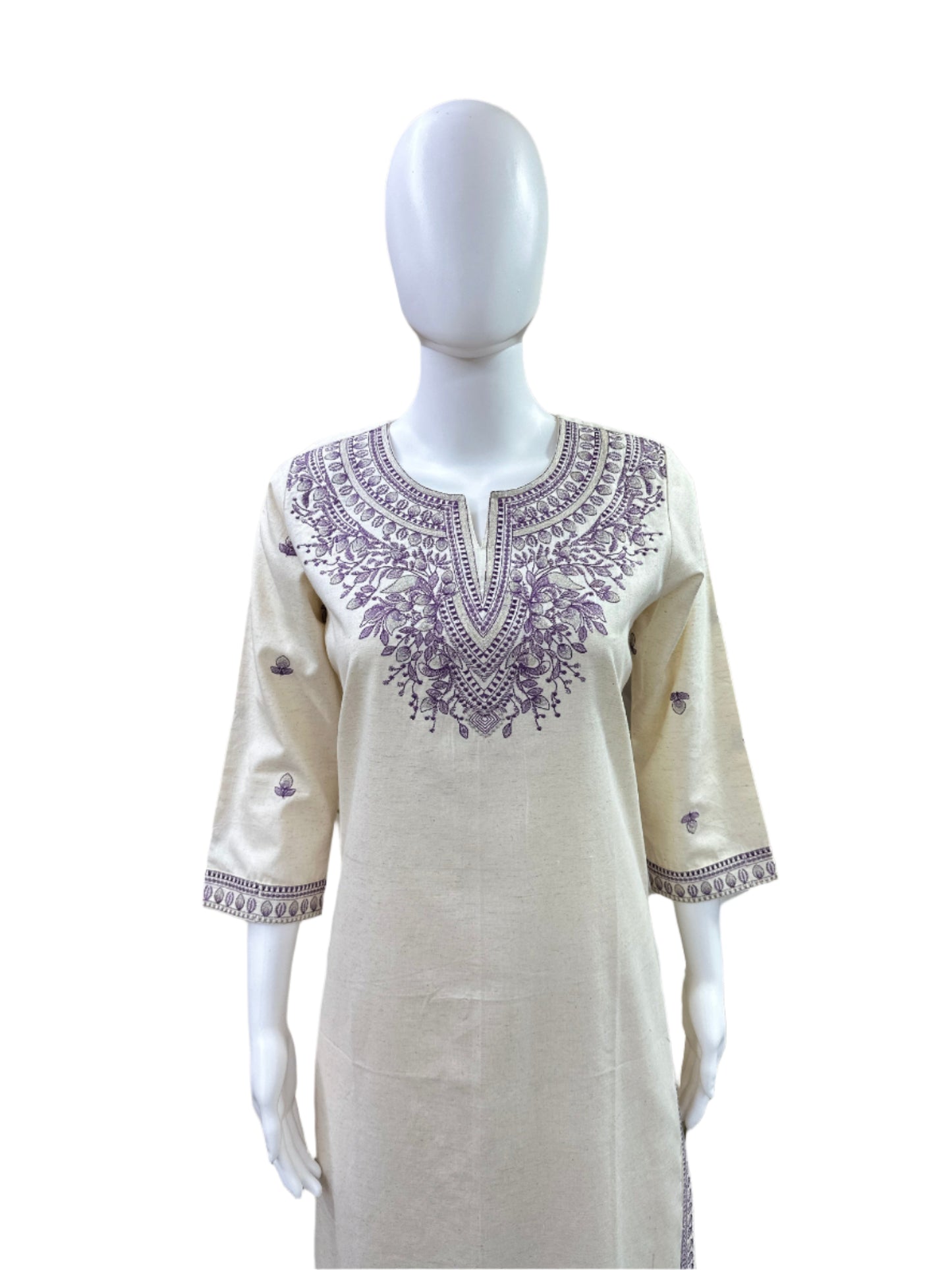 Premium Cotton Flex 2-Piece Set - Straight Top with Purple Embroidery on Yoke & Sleeves, Flowing Palazzo Pants - Elegant Beige with Purple Embroidery