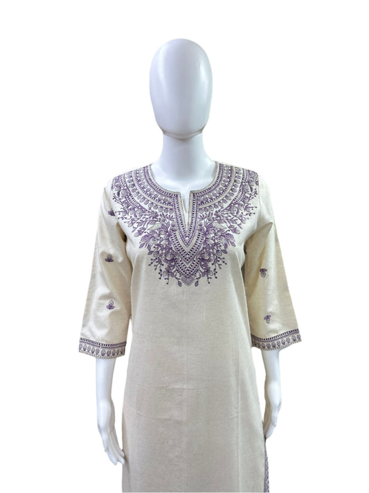 Premium Cotton Flex 2-Piece Set - Straight Top with Purple Embroidery on Yoke & Sleeves, Flowing Palazzo Pants - Elegant Beige with Purple Embroidery