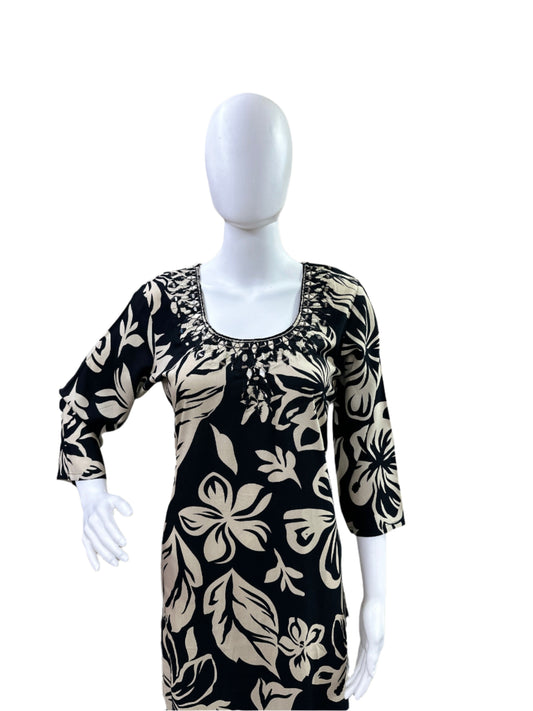 Premium Rayon Straight Kurti - Floral Pattern with Mirror Work on Neck - Elegant Black & Beige