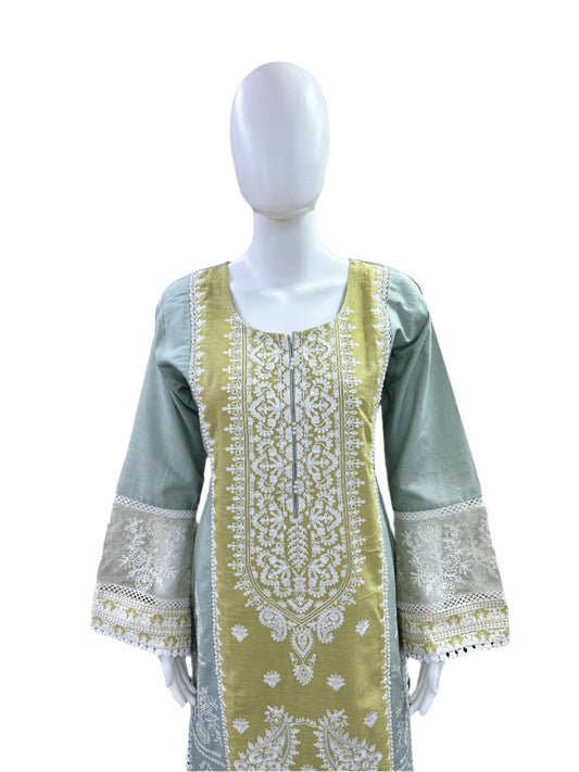 Premium Cotton 3-Piece Set - Embroidered Top with Bell Sleeves & Lining, Straight Pants & Laced Kota Doria Dupatta - Sophisticated Grey & Green