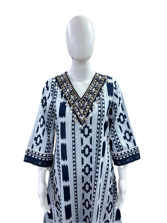 Premium Cotton 3-Piece Set - A-Line Ikat Print Top with Lace on Yoke & Sleeves, Pom Pom Hemline, Palazzo Pants & Ikat Printed Dupatta - Vibrant Blue