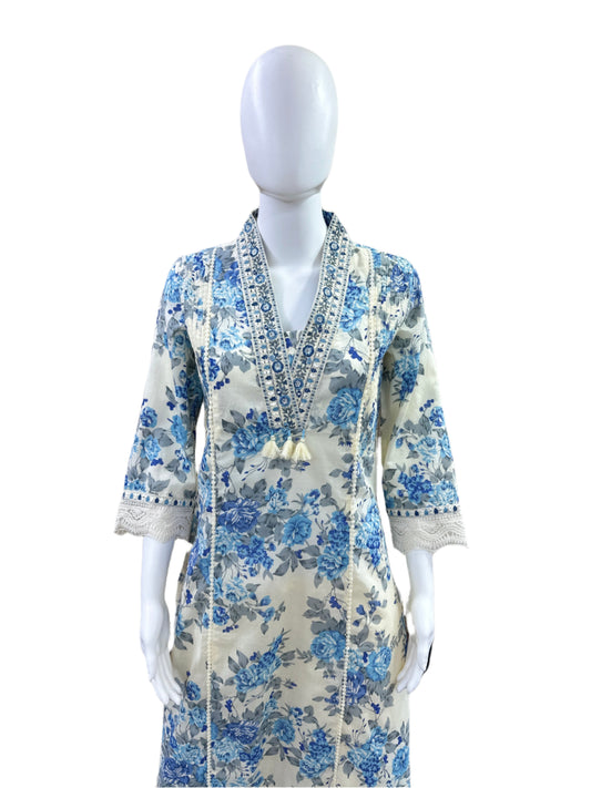Premium Cotton 3-Piece Set - A-Line Floral Top with Lace on Yoke & Sleeves, Straight Pants & Floral Printed Dupatta - Elegant Beige & Blue