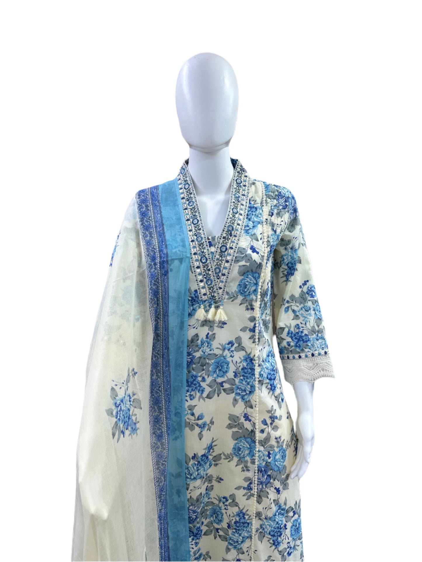 Premium Cotton 3-Piece Set - A-Line Floral Top with Lace on Yoke & Sleeves, Straight Pants & Floral Printed Dupatta - Elegant Beige & Blue